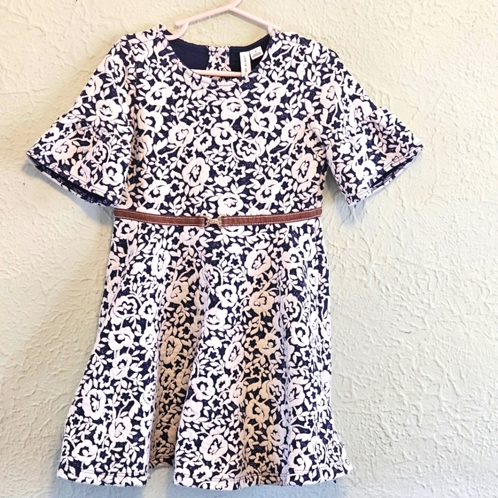 Janie and Jack Navy and White Floral Kids Dress, Size 5